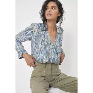 Anthropologie Pilcro Blue Green Purple Patterned Tisha Surplice Blouse Sz S Boho